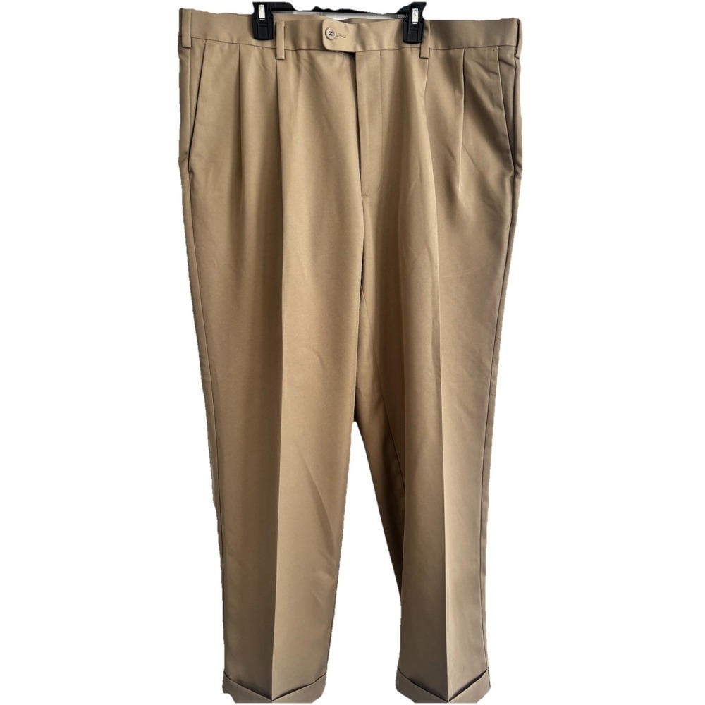 Perry Ellis Dress Pants Mens 38x30 Camel Pleated Front Cuffed Office Work Preppy